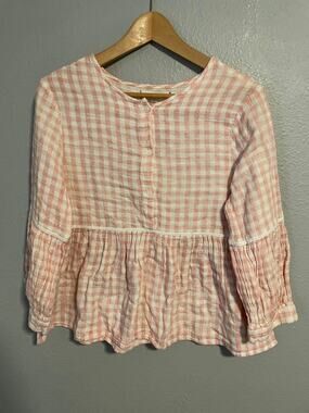 Max Studio Top Womens Large Pink Gingham Check Peplum Cotton Cottagecore Prairie